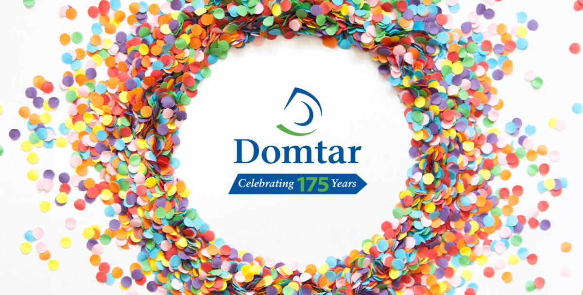 Domtar celebrates 175 years in 2023. Domtar logo with celebrating 175 years tagline on white background of with paper confetti..