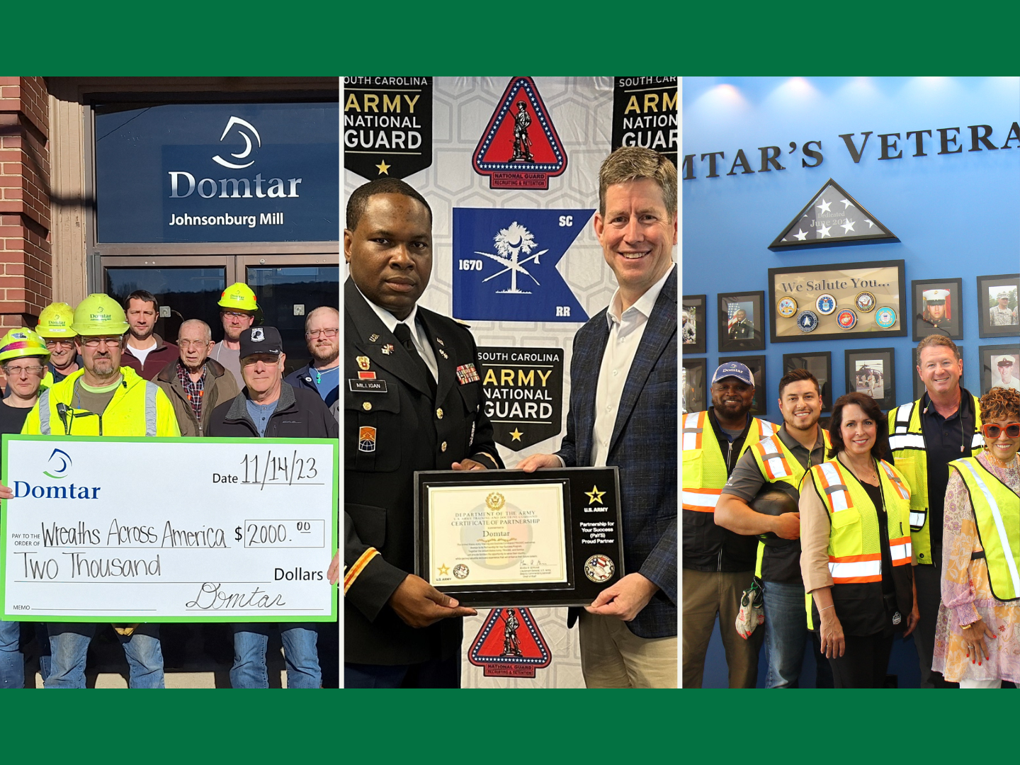 In honor of Veterans Day, observed on November 11 in the United States, we’ve rounded up some examples of how Domtar offers veteran support. Left to right: Donation to Wreaths Across America from Johnsonburg Mill, joining the U.S. Army PaYS Program, and installing veterans walls at mill locations to honor employee veterans.